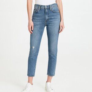 Agolde Nico Slim Fit Jeans Women’s 26 Blue Distressed High Rise Hem‎ Slit